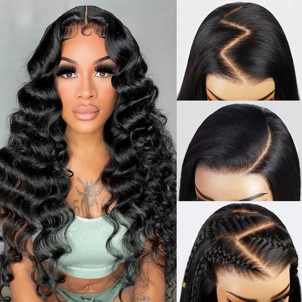 Wavy wig with a wispy fringe for a soft and feminine lookLolly Loose Deep Wave 13x6 HD Transparent Glueless Lace Front Wig Pre Plucked Knots Bleached Ready to Wear Human Hair Wigs