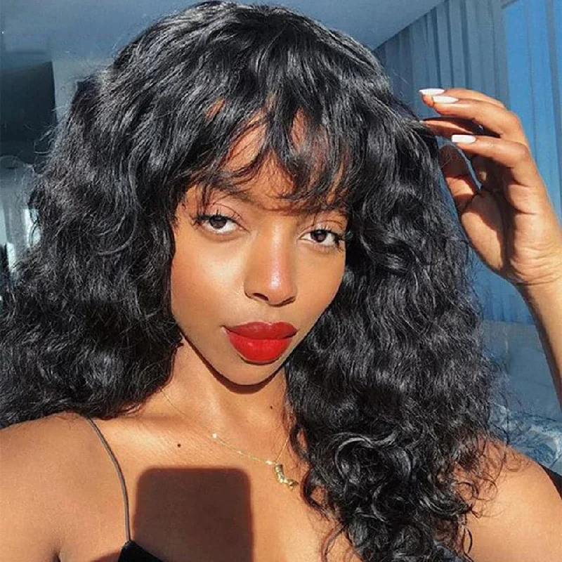 Lace - front wavy wig for a realistic hairlineLoose Deep Wave Wig Human Hair Wigs For Black Women Full Machine None Lace Wig With Bang