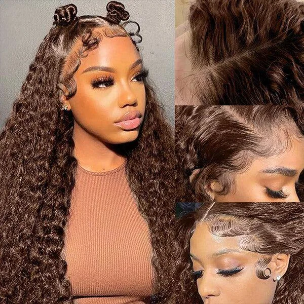 Wavy wig with a wispy fringe for a soft and feminine lookChocolate Brown Deep Wave HD Lace Front Human Hair Wigs For Women