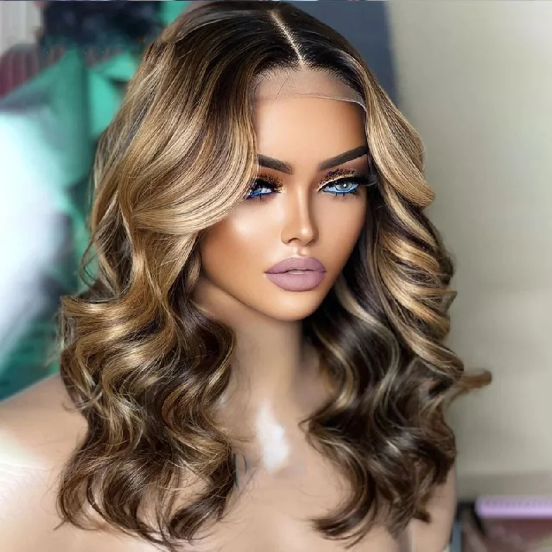 Wavy wig with a side - part for a more flattering lookLumiere Highlight Blonde Short BOB Loose Deep Wave Lace Front Human Hair Wig For Black Women HDZ