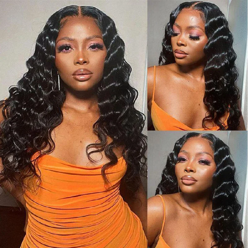 Wavy wig with a pre - styled curl pattern for convenienceLoose Deep Wave Lace Frontal Wigs Virgin Human Hair Pre Plucked 150% 180% Density
