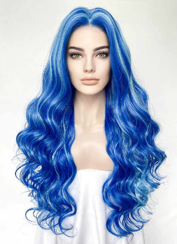 Long - length wig with a silk - base cap for a comfortable and smooth feelBlue With Green Highlights Wavy Lace Front Synthetic Hair Wig LW4038 Long - length wig with a silk - base cap for a comfortable and smooth feelBlue With Green Highlights Wavy Lace Front Synthetic Hair Wig LW4038