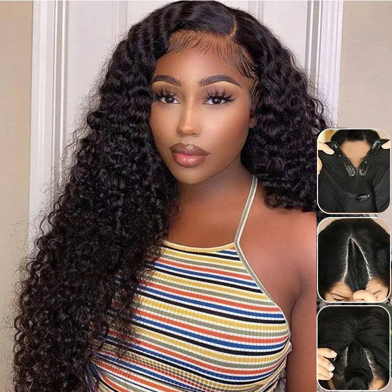 Heat - resistant wavy wig for easy styling at homeNew V Part Deep Wave Upgrade No Lace Out Brazilian Remy Human Hair Wigs For Women