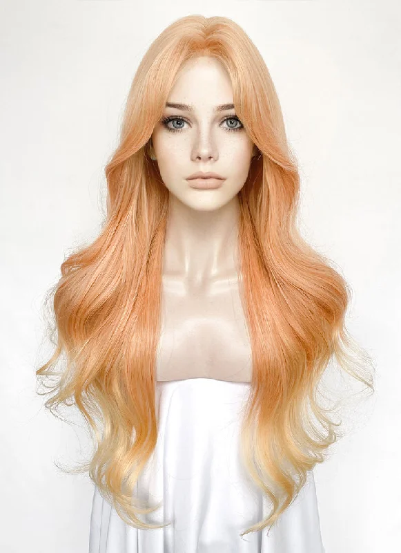 Long - length wig with a middle - part for a classic and elegant stylePeach Pink Ombre Wavy Synthetic Wig NL086 Long - length wig with a middle - part for a classic and elegant stylePeach Pink Ombre Wavy Synthetic Wig NL086