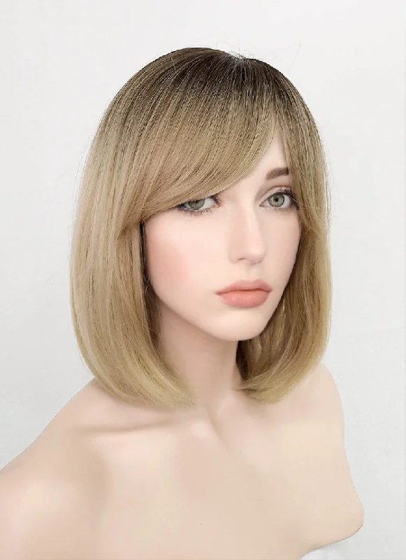 Bob wig with a pre - plucked hairline for a more natural lookBlonde With Dark Roots Straight Bob Synthetic Wig NS218 Bob wig with a pre - plucked hairline for a more natural lookBlonde With Dark Roots Straight Bob Synthetic Wig NS218
