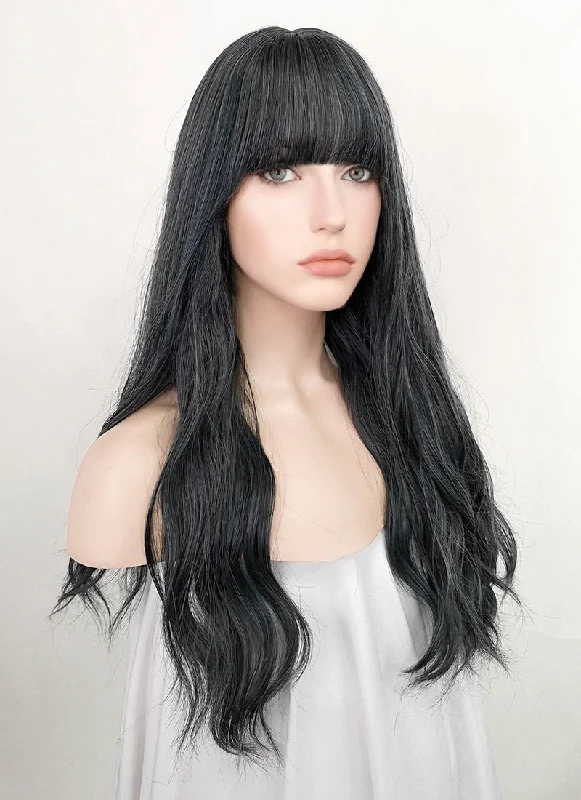 Long - length wig with a curly fringe for a playful and youthful vibeBluish grey Wavy Synthetic Hair Wig NS336 Long - length wig with a curly fringe for a playful and youthful vibeBluish grey Wavy Synthetic Hair Wig NS336