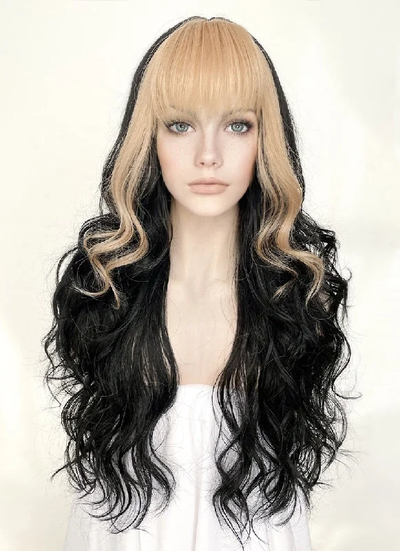 Long - length wig with a side - swept bang for a sophisticated lookBlack Blonde Mixed Wavy Synthetic Wig NS420 Long - length wig with a side - swept bang for a sophisticated lookBlack Blonde Mixed Wavy Synthetic Wig NS420