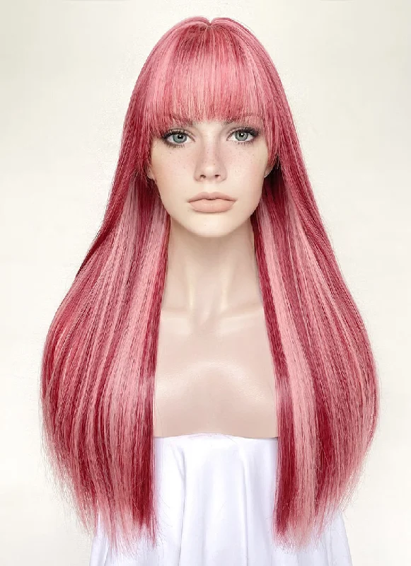Adjustable - cap long - length wig for a comfortable fitRed With Pink Highlights Straight Synthetic Hair Wig NS507 Adjustable - cap long - length wig for a comfortable fitRed With Pink Highlights Straight Synthetic Hair Wig NS507