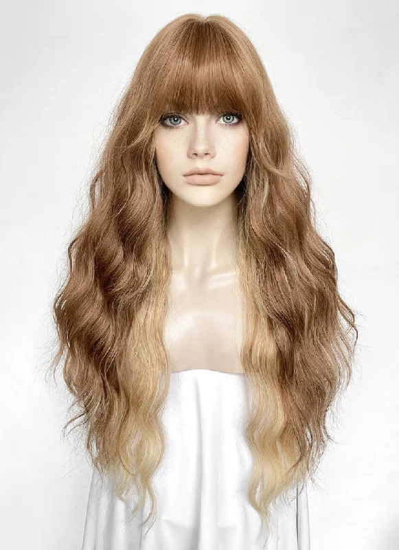 Long - length wig with a natural - looking root for a more realistic lookBrown Mixed Blonde Wavy Synthetic Hair Wig NS554 Long - length wig with a natural - looking root for a more realistic lookBrown Mixed Blonde Wavy Synthetic Hair Wig NS554