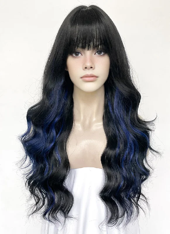 Long - length wig with a natural - looking root for a more realistic lookBlue Mixed Black Wavy Synthetic Hair Wig NS570 Long - length wig with a natural - looking root for a more realistic lookBlue Mixed Black Wavy Synthetic Hair Wig NS570