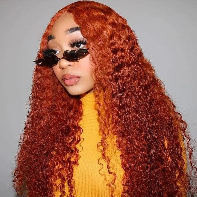 Wavy wig with a water - wave texture for a unique and stylish choice#350 Ginger Colored Deep Wave HD Lace Frontal Human Hair Wigs For Women