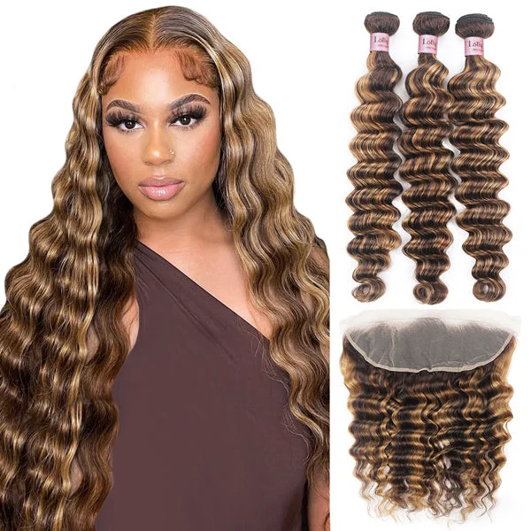 Heat - resistant wavy wig for easy styling at homeP4/27 Highlight Bundles With Frontal Loose Deep Wave Human Hair Bundles With Frontal 13x4 inch Pre Plucked