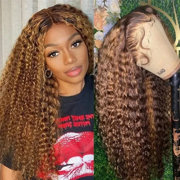 Wavy wig with a 180 - density for a full and thick appearanceLolly Highlight Wig Deep Wave Human Hair Wigs 4x4 5x5 HD Lace Closure Wig P4/27