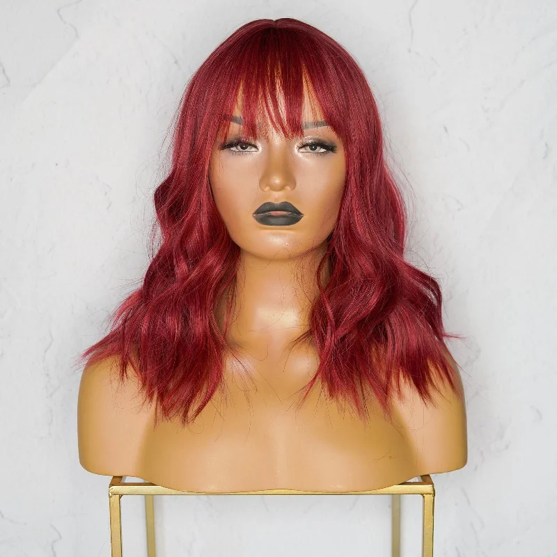 Bob wig for daily wear with a low - maintenance designPERI Burgundy Red Bob Fringe Wig