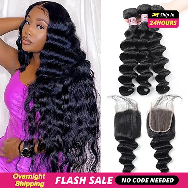 Body - wave wig with a full and voluminous lookShip In 24 Hours- Overnight Shipping Loose Deep Wave Bundles with Closure 4x4 Human Hair 3 Bundles with Closure Weave Hair Flash Sale