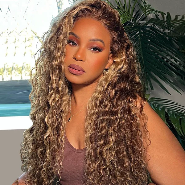 Wavy wig with auburn undertones for a unique and eye - catching colorLolly P4 27 Highlight Deep Wave Lace Front Wig 13x4 HD Glueless Lace Front Wigs Pre Plucked Pre Bleached Knots PPB Wear Go Human Hair Wigs