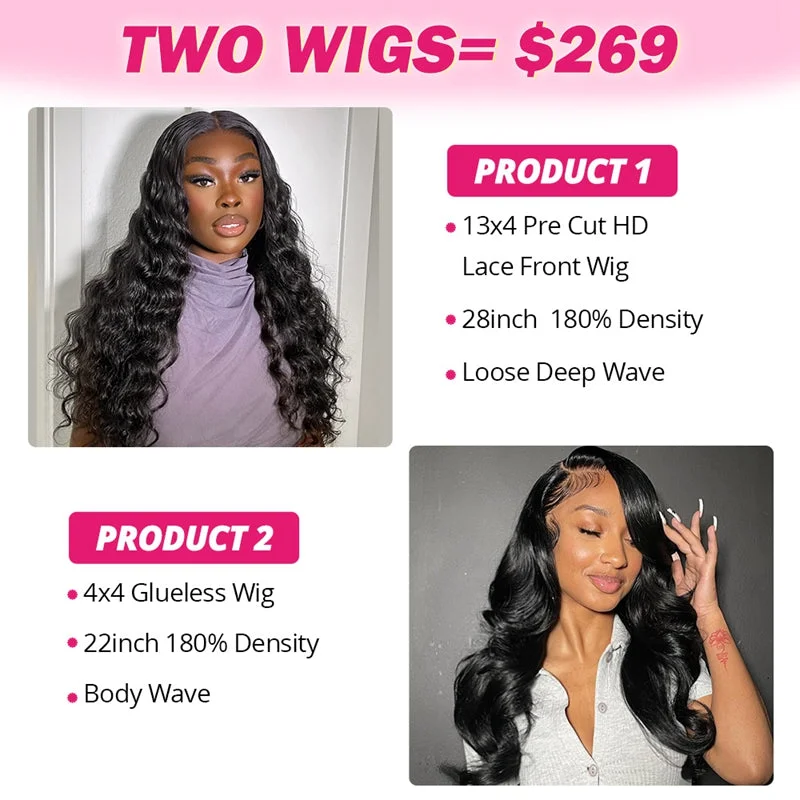 Ombre wavy wig with a seamless color blendTwo Wigs $269 for 28inch Loose Deep Wave Pre-everything Wig and 22inch Body Wave 4x4 Glueless Wig Flash Sale