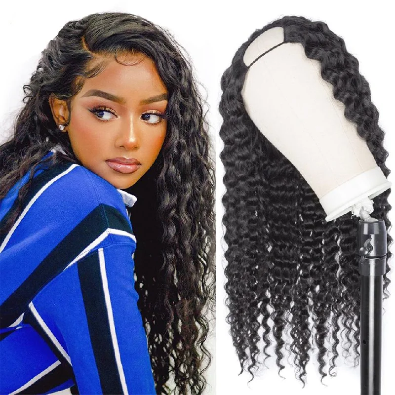 Wavy wig with auburn undertones for a unique and eye - catching colorU Part Wig Human Hair Wig Deep Wave Human Hair Wigs Natural Black