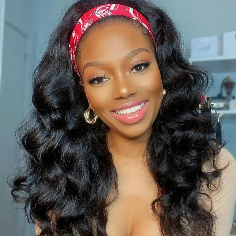 Dola Hair Body Wave Headband Wig Glueless Human Hair Wig With Pre-attached Scarf Half Wig 150% Density