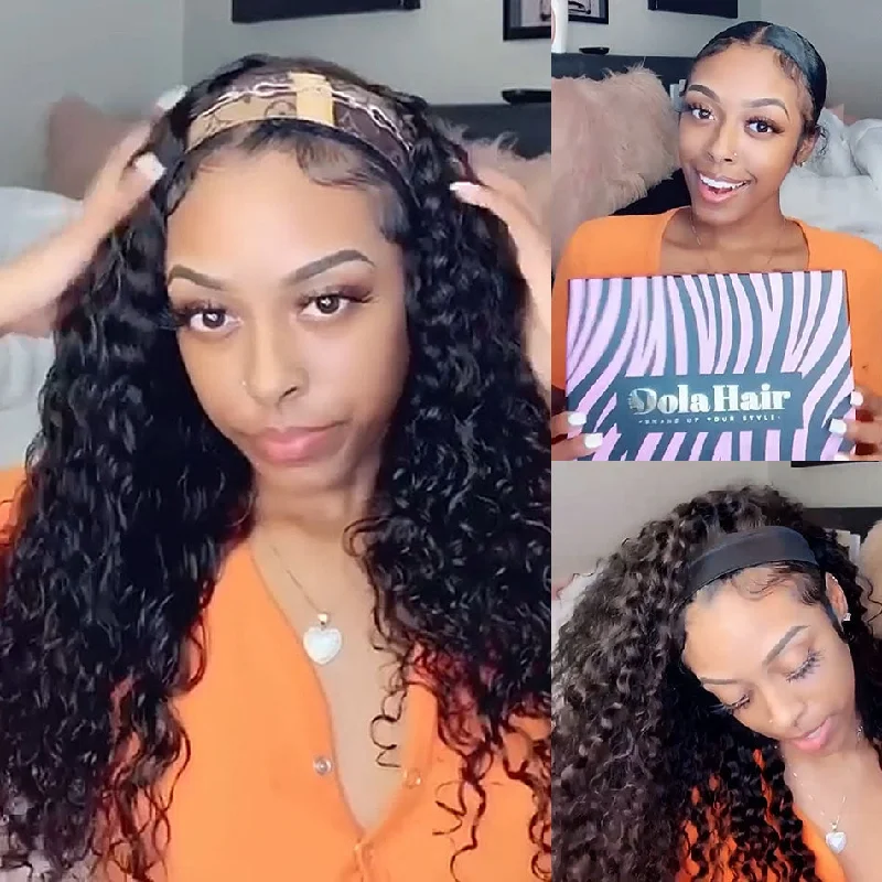 180 Density Headband Wig Curly Human Hair Wig With Free Scarf Natural Color Wig For Black Women
