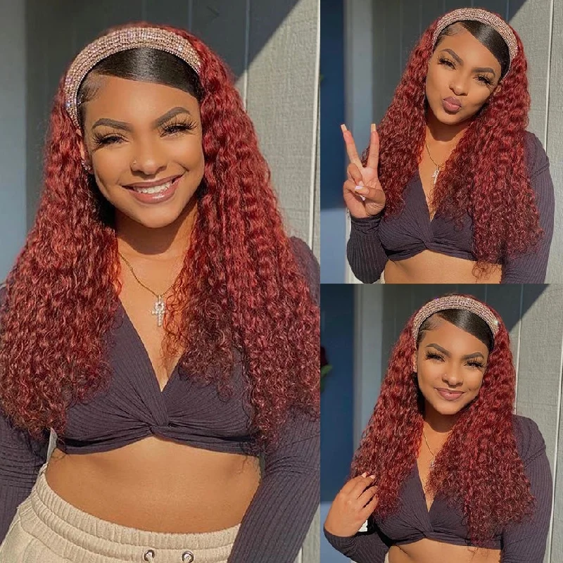Red Deep Curly Headband Wig Brazilian Human Hair