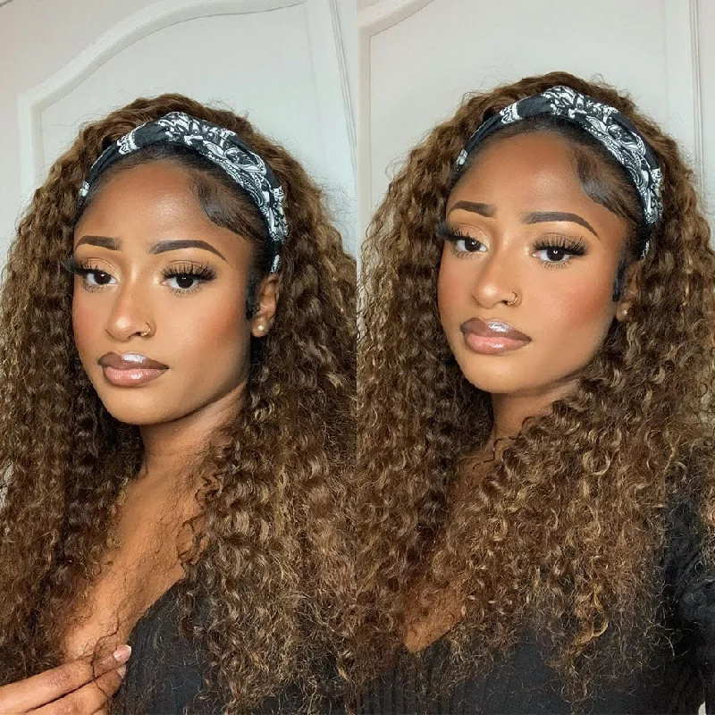 T6-27 Ombre Highlight Deep Curly Headband Human Hair Wig Brazilian