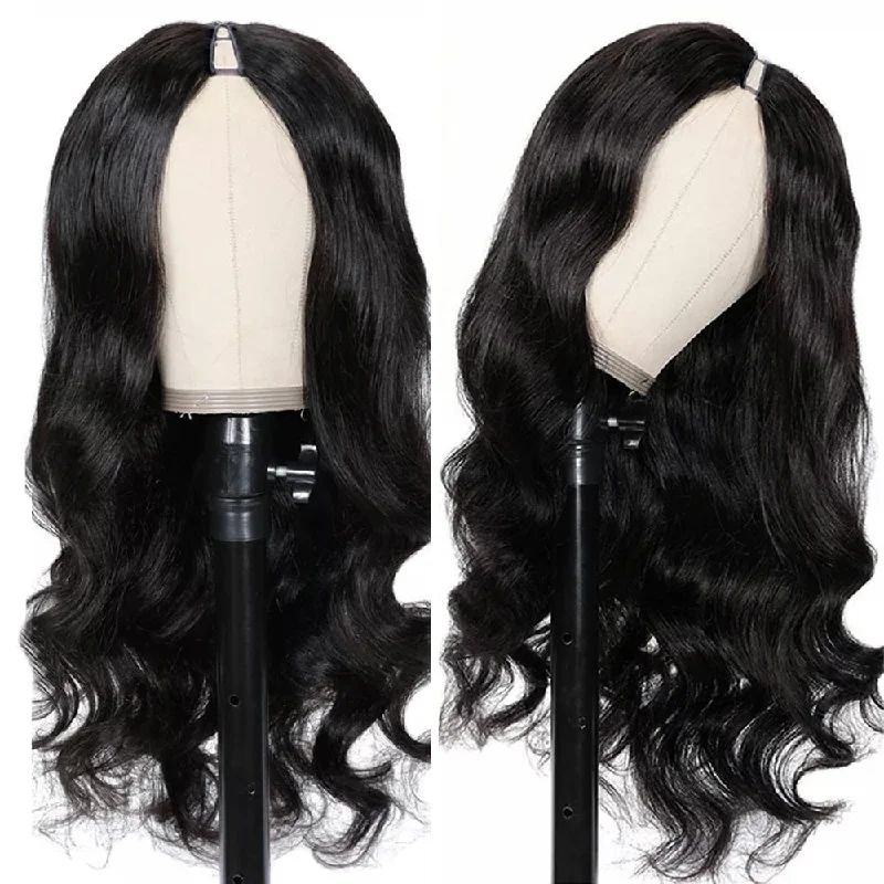 Short u - shaped wig in a trendy bob style#1 Jet Black Glueless V Part Wig Straight / Body Wave / Curly Human hair Wigs 250% Density Short u - shaped wig in a trendy bob style#1 Jet Black Glueless V Part Wig Straight / Body Wave / Curly Human hair Wigs 250% Density
