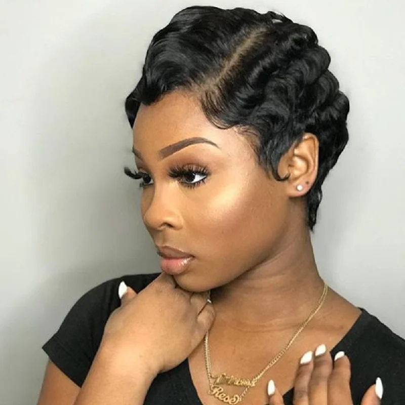 Elf wig with a removable hairpiece for versatilityFinger Wave Pixie Cut T part 13X1X4 Lace Short Bob For Women Elf wig with a removable hairpiece for versatilityFinger Wave Pixie Cut T part 13X1X4 Lace Short Bob For Women