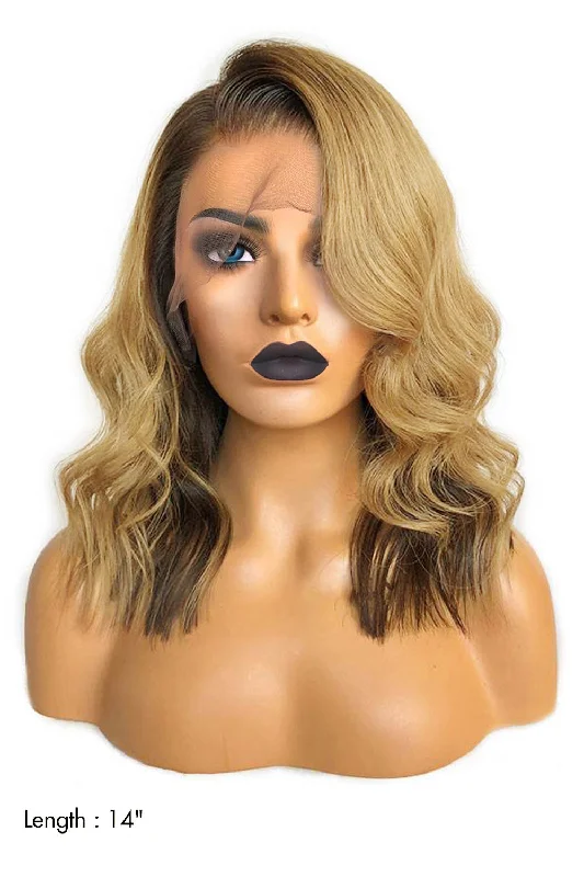 Synthetic elf wig that's heat - resistant for styling14 Inch Bob Split Ombre Blonde with Dark Roots Wavy 13x4 Wig Synthetic elf wig that's heat - resistant for styling14 Inch Bob Split Ombre Blonde with Dark Roots Wavy 13x4 Wig