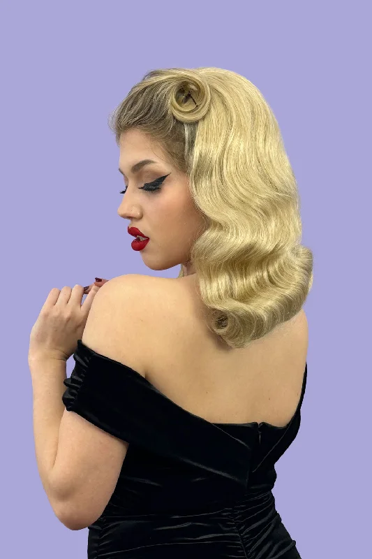Half wig with a silk - base cap for a comfortable and smooth feel1950s style half wig hairpiece with deep finger waves: Deborah