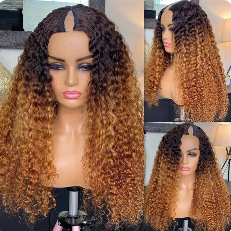 U - shaped wig with a two - toned color combinationOmbre Colored V/U Part Wig Human Hair Glueless Curly Full Machine Wigs For Black Women U - shaped wig with a two - toned color combinationOmbre Colored V/U Part Wig Human Hair Glueless Curly Full Machine Wigs For Black Women