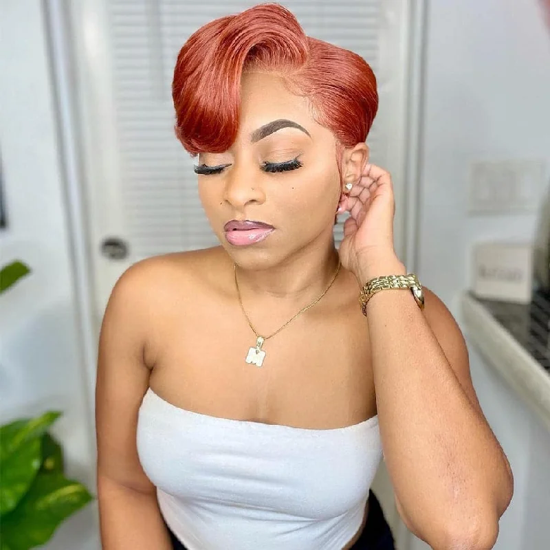 Elf wig with a heat - activated color - changing feature#33 ginger 13x1 HD-Lace Front Short Pixie Cut Bob Classy Swoop Bang Wig Keshona