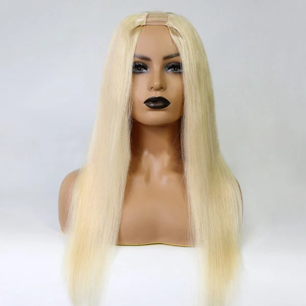 U - shaped wig with auburn tones#613 Blonde Straight U-Part Wig