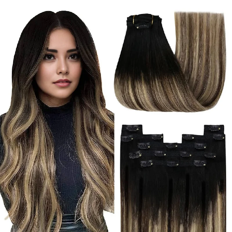Clip - in hair extensions with a wavy texture for a beachy and relaxed look7pcs Clip in Human Hair Extensions Balayage Black to Brown with Blonde #1B/4/27 |Youngsee