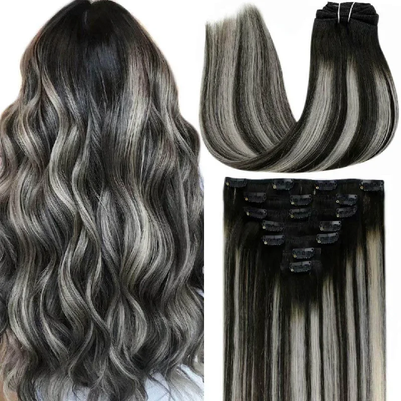 Clip - in hair extensions with a curly texture for a bold and stylish choice7pcs Clip in Human Hair Extensions Balayage Black With Silver #1B/Silver/1B |Youngsee Clip - in hair extensions with a curly texture for a bold and stylish choice7pcs Clip in Human Hair Extensions Balayage Black With Silver #1B/Silver/1B |Youngsee