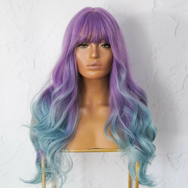 Wavy wig with a pre - styled curl pattern for convenienceADELE Ombre Purple Fringe Wig