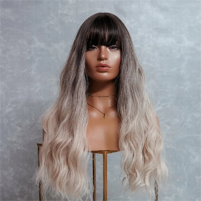 Wavy wig with a pre - bleached knot for a natural - looking scalpALEXANDRA Ombre Fringe Wig