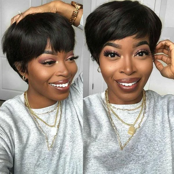 Elf wig with a side - part for a sophisticated lookShort Pixie Cut Peruvian Straight Machine Made 100% Human Virgin Hair None Lace Wig for Women - Amanda Hair Elf wig with a side - part for a sophisticated lookShort Pixie Cut Peruvian Straight Machine Made 100% Human Virgin Hair None Lace Wig for Women - Amanda Hair
