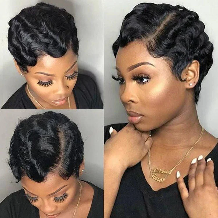 Elf wig for children's fantasy dress - up partiesPixie Cut Finger Wave Wig Machine Made Gluless Human Hair Wavy Wigs-Amanda Hair Elf wig for children's fantasy dress - up partiesPixie Cut Finger Wave Wig Machine Made Gluless Human Hair Wavy Wigs-Amanda Hair