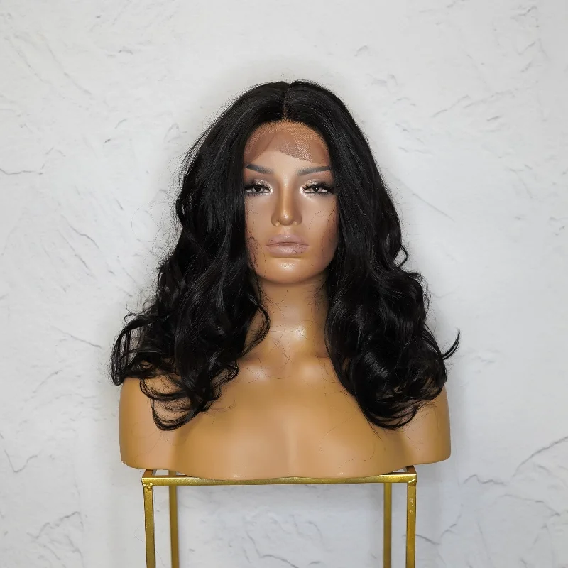 Short wig in a fiery red color for a vibrant appearanceANIKA Black Lace Front Wig