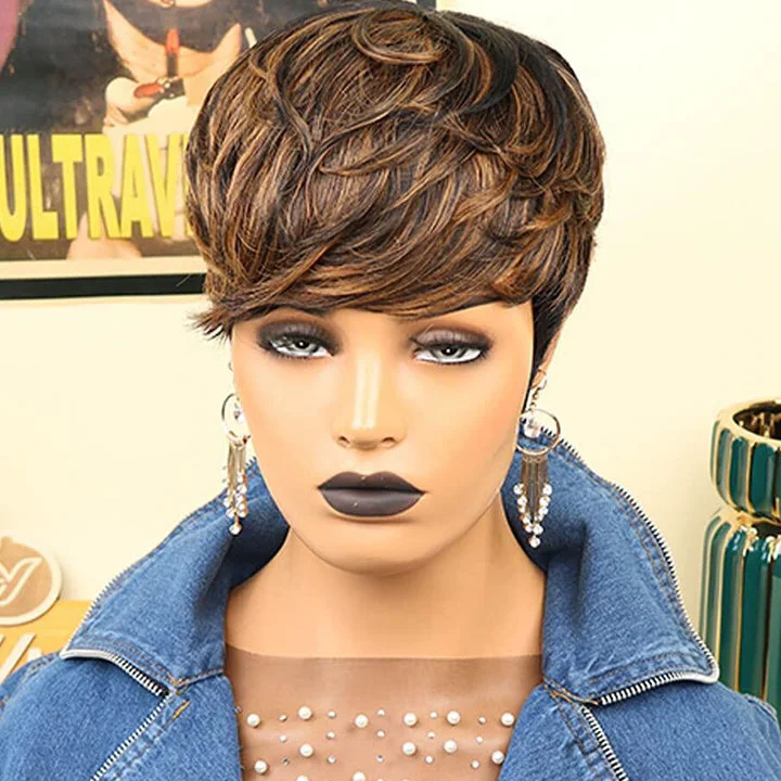 Elf wig with a natural - looking scalp for a realistic effectBalayage Brown and Black Straight Pixie Cut Bob Glueless Wig With Bangs Elf wig with a natural - looking scalp for a realistic effectBalayage Brown and Black Straight Pixie Cut Bob Glueless Wig With Bangs