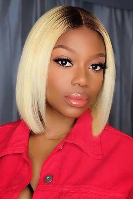 Elf wig with a built - in wig cap for a secure fitBlonde Straight Bob Wig with Dark Roots Middle Part Lace Front Elf wig with a built - in wig cap for a secure fitBlonde Straight Bob Wig with Dark Roots Middle Part Lace Front
