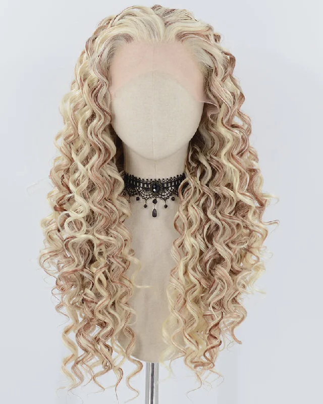 Curly wig with a 220 - density for an extra - full appearanceBlonde Brown Long Curly Synthetic Lace Front Wig WW744