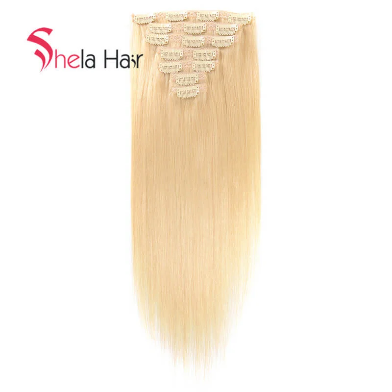 Clip - in hair extensions with a straight texture for a sleek and seamless blendBlonde Clip In Human Hair Extensions Straight 7 Pieces/Set Free Shipping Clip - in hair extensions with a straight texture for a sleek and seamless blendBlonde Clip In Human Hair Extensions Straight 7 Pieces/Set Free Shipping