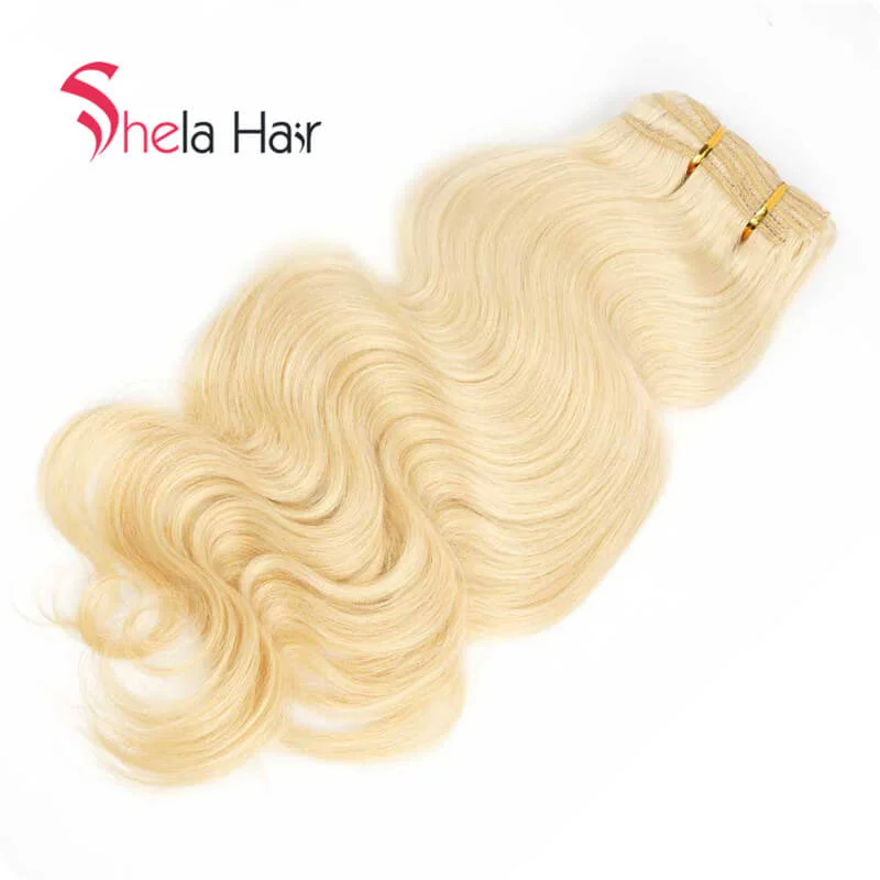 Clip - in hair extensions with a pre - bleBlonde Clip In Human Hair Extensions Wavy 7 Pieces/Set Clip - in hair extensions with a pre - bleBlonde Clip In Human Hair Extensions Wavy 7 Pieces/Set
