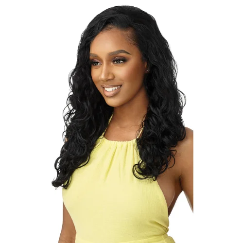 Half wig with a wavy texture for a beachy lookBrazilian Waves Synthetic Converti-Cap Wig By Outre