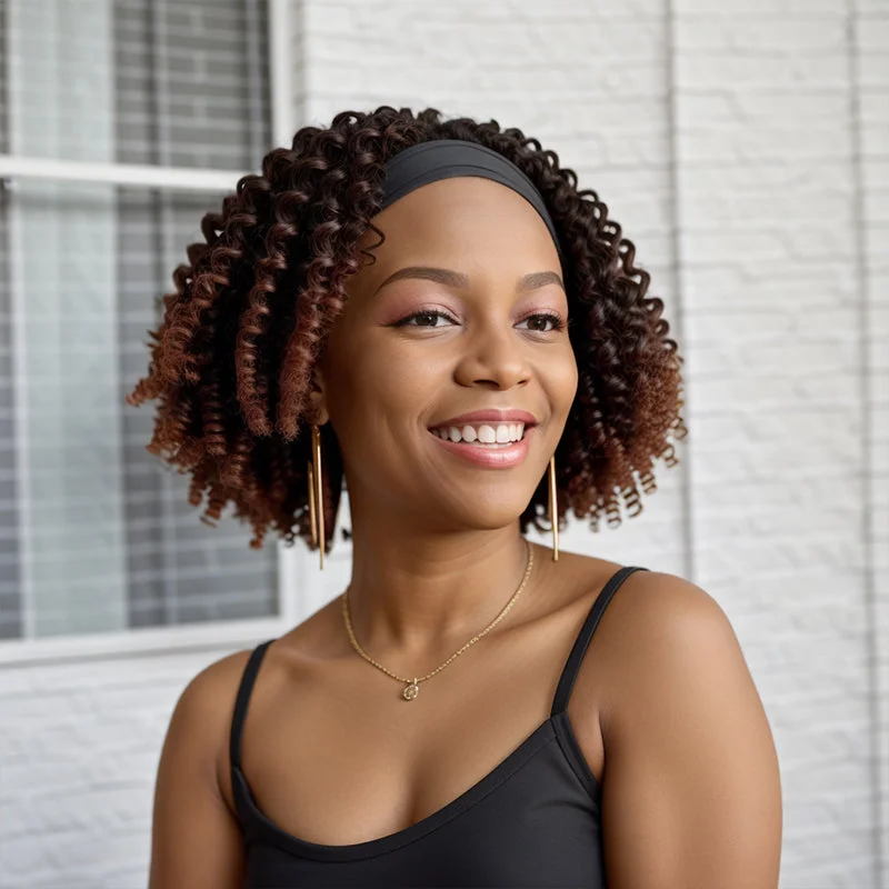 Adjustable - cap short wig for a customized and comfortable fitBrown Highlights Headband Short Twist Bob Wigs Kinky Curly Glueless Wig for Black Women Adjustable - cap short wig for a customized and comfortable fitBrown Highlights Headband Short Twist Bob Wigs Kinky Curly Glueless Wig for Black Women