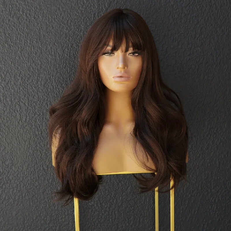 Wavy wig with a pre - bleached knot for a natural - looking scalpCAPRI Dark Brown Fringe Wig Wavy wig with a pre - bleached knot for a natural - looking scalpCAPRI Dark Brown Fringe Wig