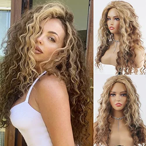 Curly wig with a wavy fringe for a soft and feminine lookCurly blonde brown reverse ombre wig
