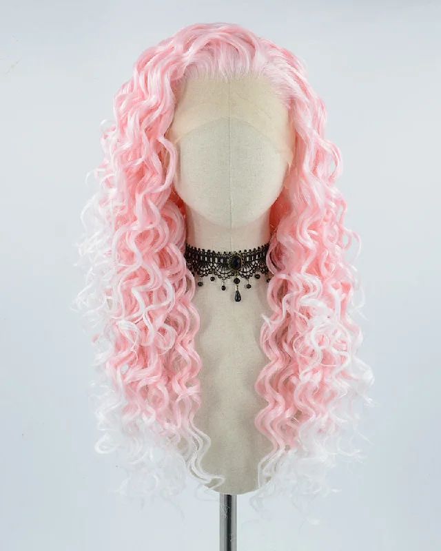 Curly wig with a side - part for a more flattering lookLong Pink Synthetic Lace Front Wig WW028 Curly wig with a side - part for a more flattering lookLong Pink Synthetic Lace Front Wig WW028